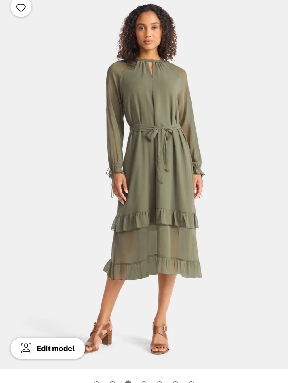 Time and Tru Olive Green Long Sleeve Ruffle Midi Dress